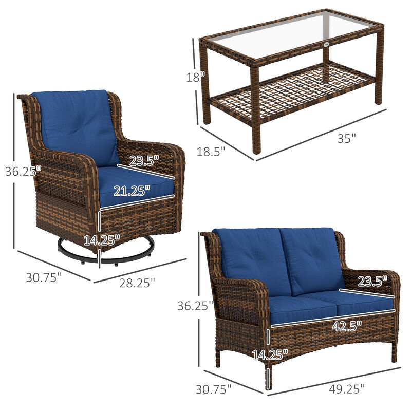 Outsunny 4 Piece PE Rattan Outdoor Patio Furniture Set, Wicker Conversation Set with 2 Swivel Rocking Chairs, 2-Tier Glass Table and Loveseat for Garden, Patio, Poolside, Dark Blue