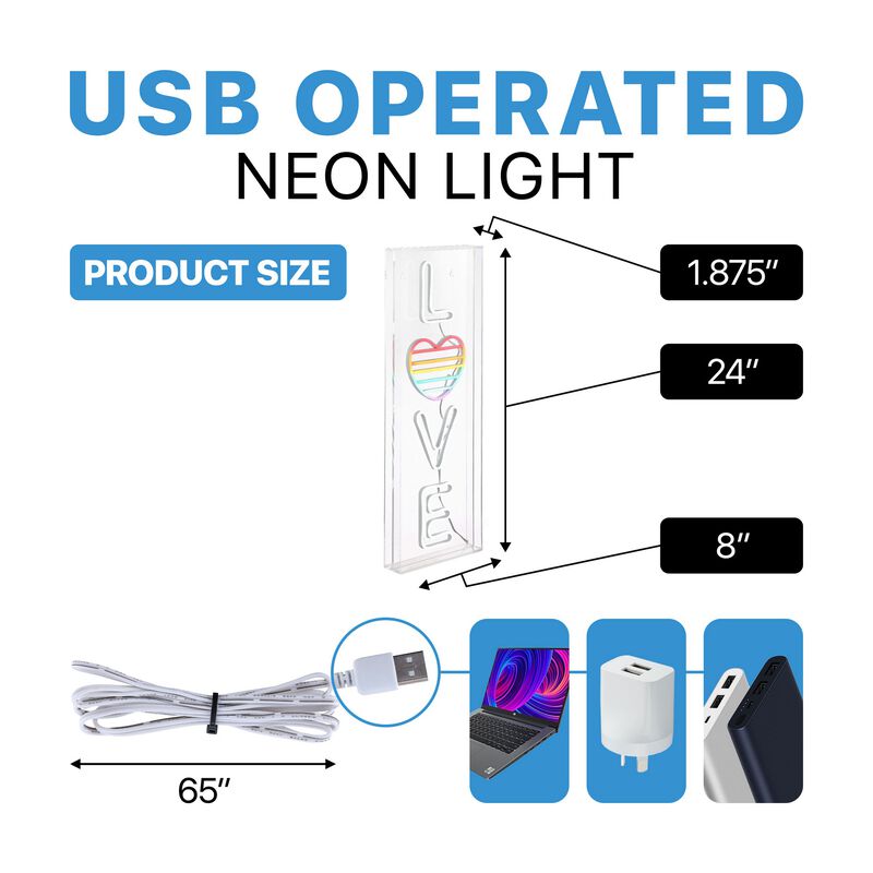 LOVE 8" X 24" Contemporary Glam Acrylic Box USB Operated LED Neon Light, White/Rainbow