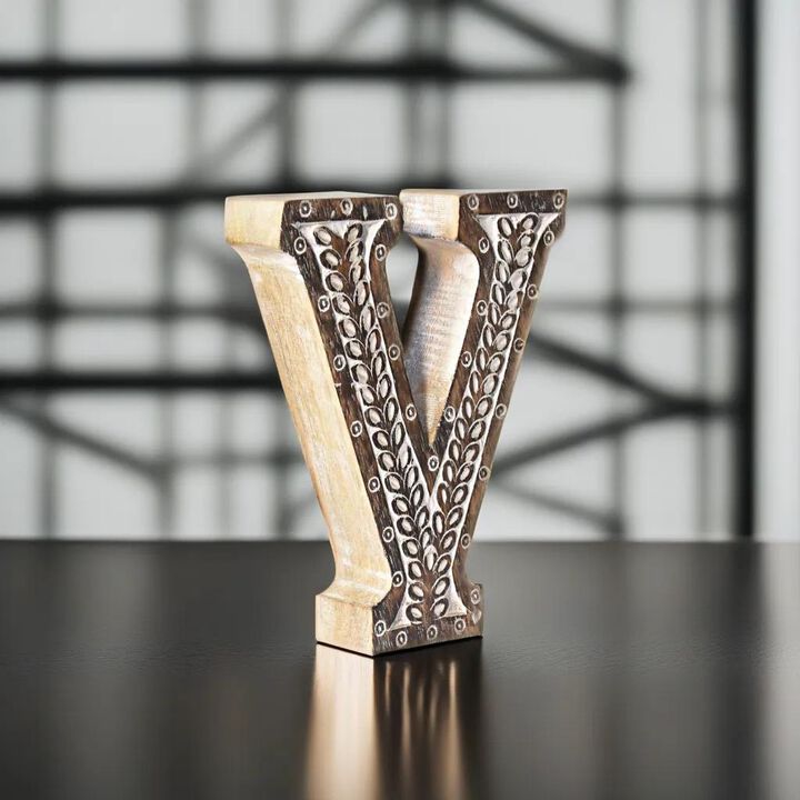Vintage Natural Handmade Eco-Friendly "V" Alphabet Letter Block For Wall Mount & Table Top Décor