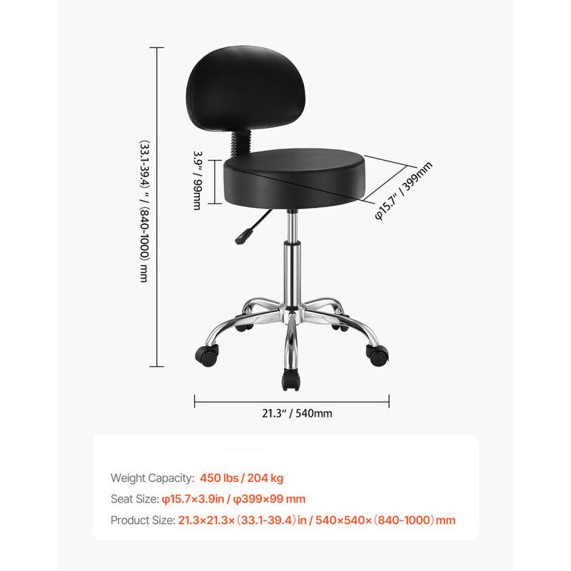 Round Rolling Stool with Wheels and Back Support, Adjustable Salon Chair for Massage & Tattoo-Black image number 2