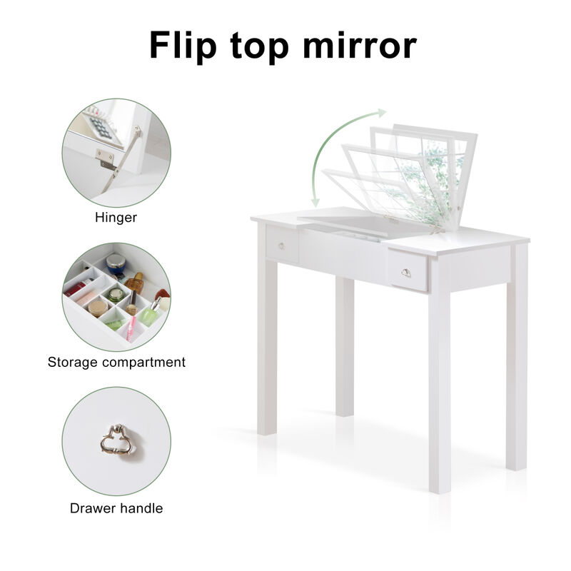 Accent White Vanity Table Set with Flip-Top Mirror and 2 Drawers, Jewelry Storage for Women Dressing