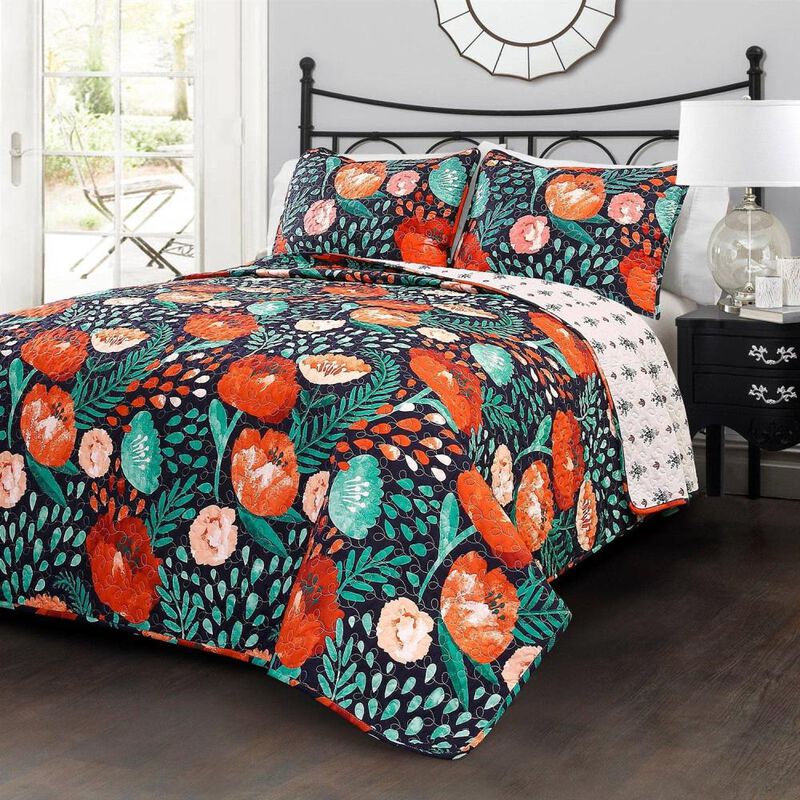 Hivvago Floral Red Poppy Navy Teal Lightweight 3 Piece Cotton Quilt Set
