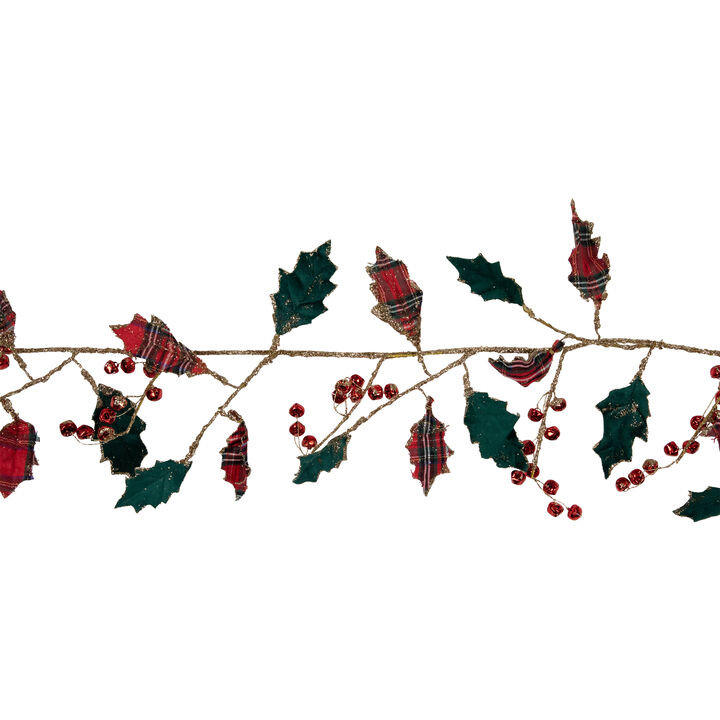 5' Green and Red Plaid Holly with Jingle Bells Christmas Garland - Unlit