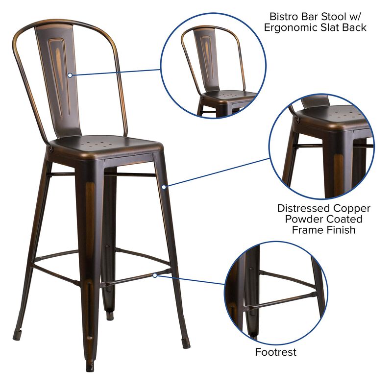 Flash Furniture Commercial Grade 30" High Distressed Copper Metal Indoor-Outdoor Barstool with Back