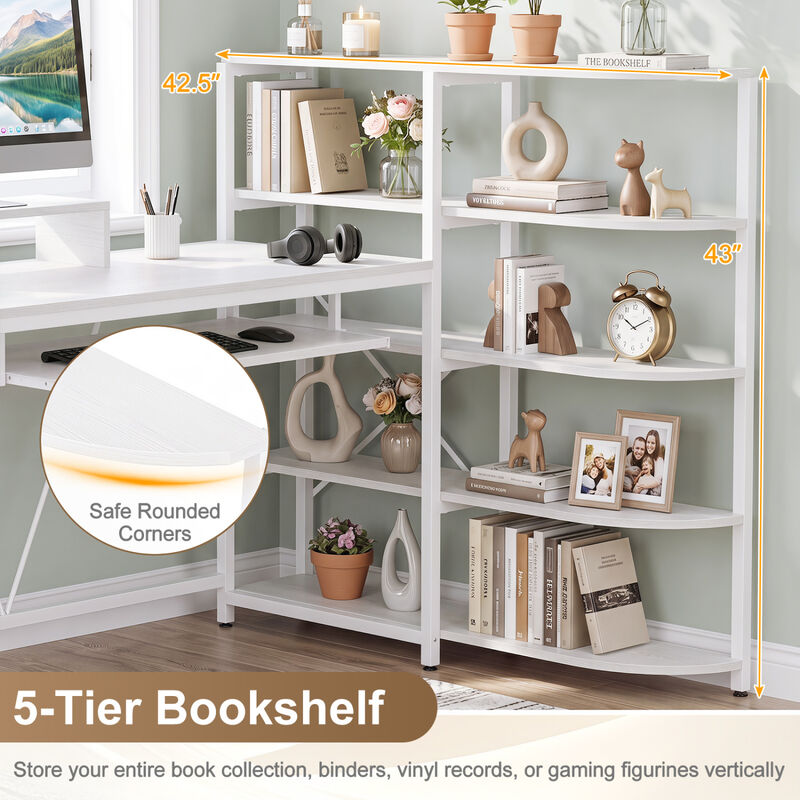 U Shaped Computer Desk with 5 Tier Storage Bookshelf and Keyboard Tray image number 5