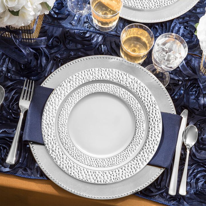 White with Silver Hammered Rim Round Plastic Wedding Value Set (30 Sets)