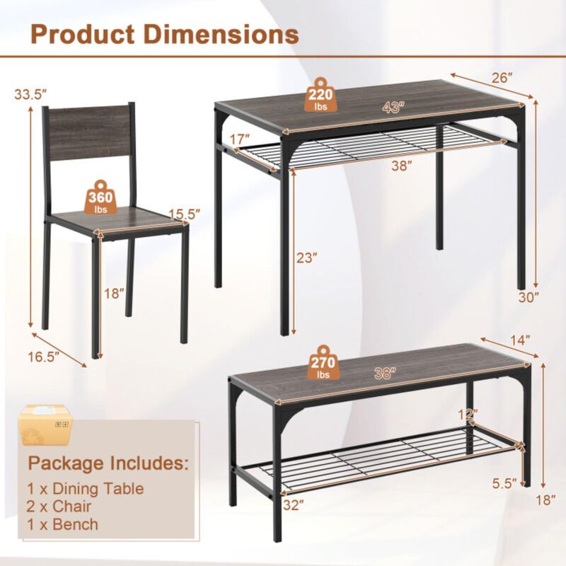 Hivvago Industrial Style Rectangular Kitchen Table with Bench and Chairs