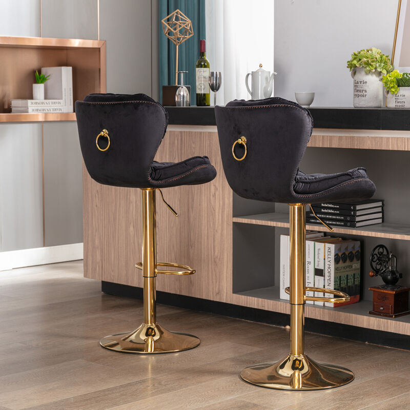 Set of 2 Bar Stools, with Chrome Footrest and Base Swivel Height Adjustable Mechanical Lifting Velvet + Golden Leg Simple Bar Stool-black