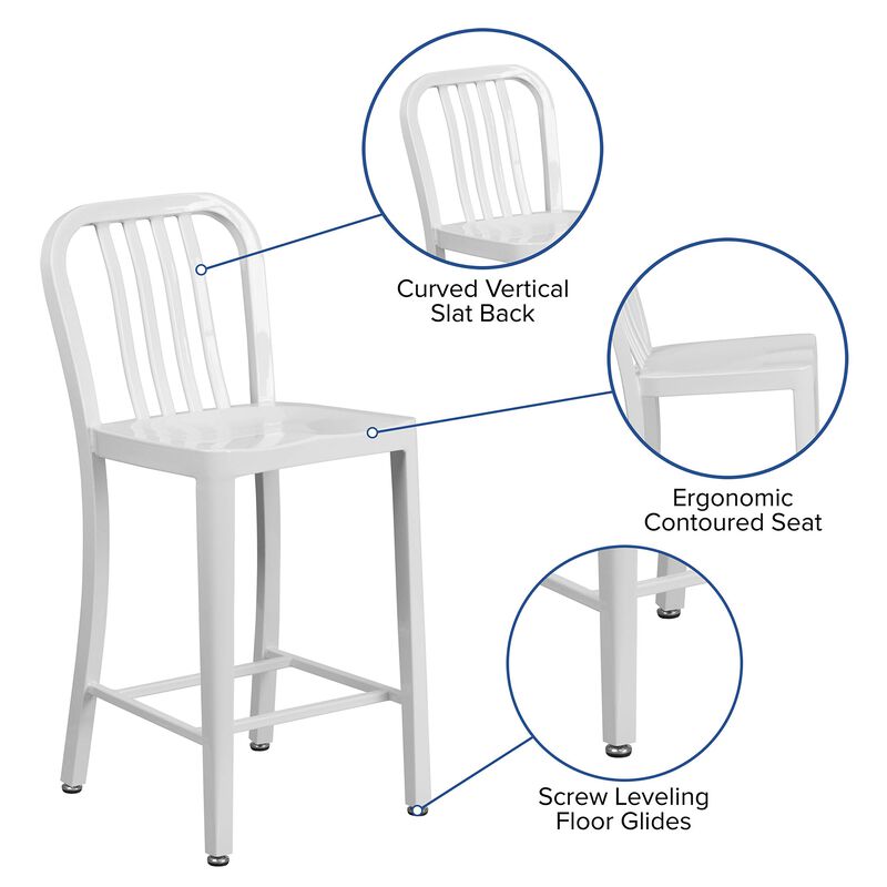 Flash Furniture Commercial Grade 24" High White Metal Indoor-Outdoor Counter Height Stool with Vertical Slat Back image number 2