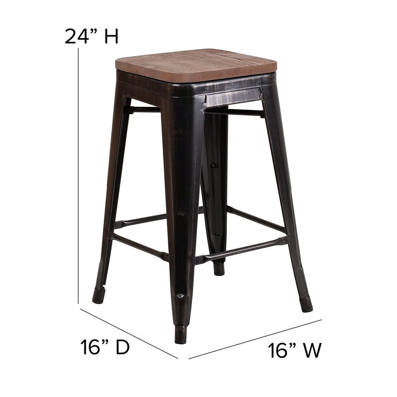 Flash Furniture Lily 24" High Backless Black-Antique Gold Metal Counter Height Stool with Square Wood Seat image number 3