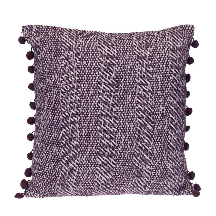 HomeRoots 18" Purple and White Weave Cotton Throw Pillow With Pom Poms