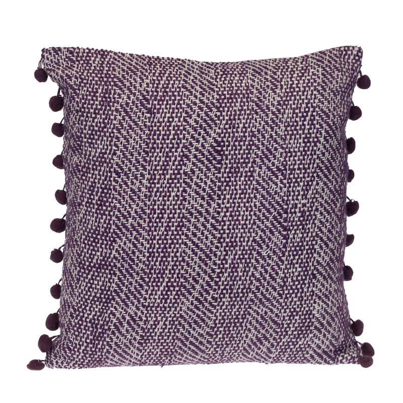 HomeRoots 18" Purple and White Weave Cotton Throw Pillow With Pom Poms image number 0