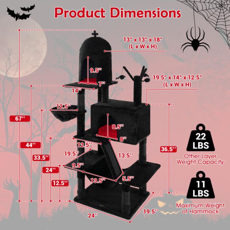 Hivvago Gothic Cat Tree with 2 Cat Condos and Spooky Dangling Ball for Indoor Cats