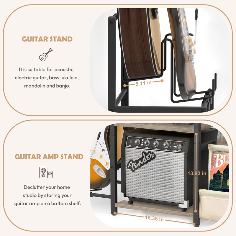 Bikoney Record Player Stand, Guitar Stand for Acoustic, Electric Guitar, Bass with Amp Stand, 3-Tier Vinyl Record Storage, Recor