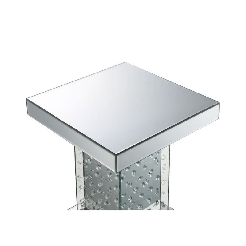 Pali 20 Inch Square Pedestal End Table, Mirrored, Faux Crystal Inlay, Silver-Benzara