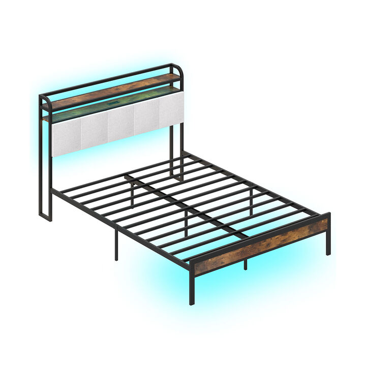Contemporary Bed Frame with LED Lighting and Charging Station – Space-Saving Platform Bed Design
