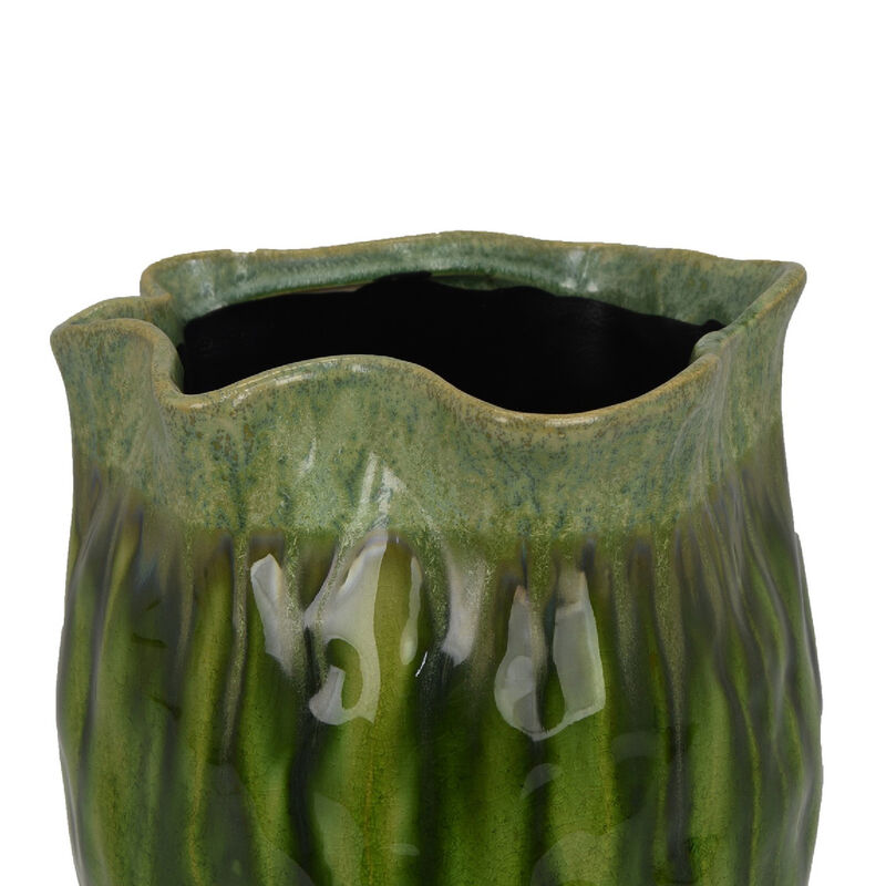 Ashly Decorative Planter with Scalloped Rim, Green Textured Ceramic 11 Inch image number 5