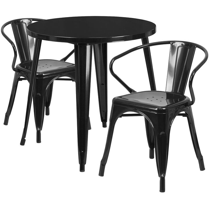Flash Furniture Conrad Commercial Grade 30" Round Black Metal Indoor-Outdoor Table Set with 2 Arm Chairs