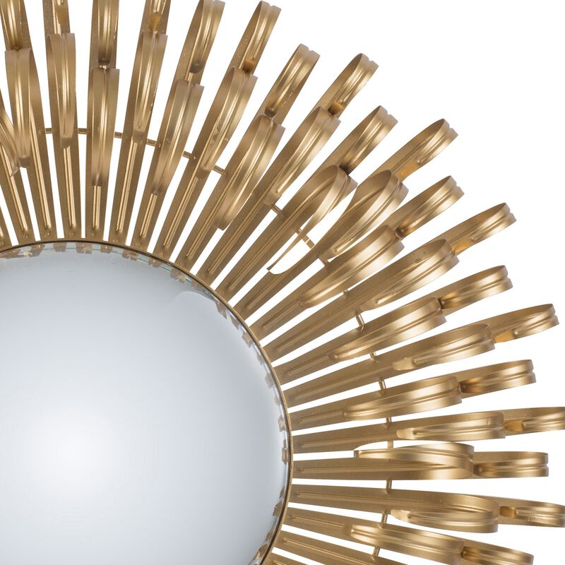 27 Inch Round Wall Mount Accent Decor Mirror, Sunburst, Iron Frame, Gold - Benzara