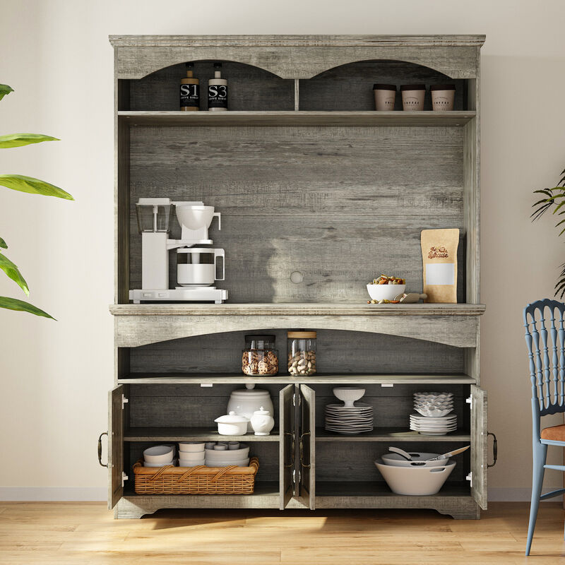 FUFU&GAGA Modern Sideboard Storage Cabinet with 4 Doors & Open Shelves, Antique Bronze Handles, Adjustable Shelves, Elevated Base, (53.7 in. W x 15.1 in. D x 70.9 in. H), Gray