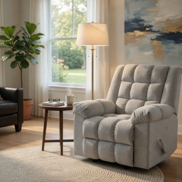 Winy Manual Rocker Reclining Chair, Pillow Grid Tufted Gray Chenille