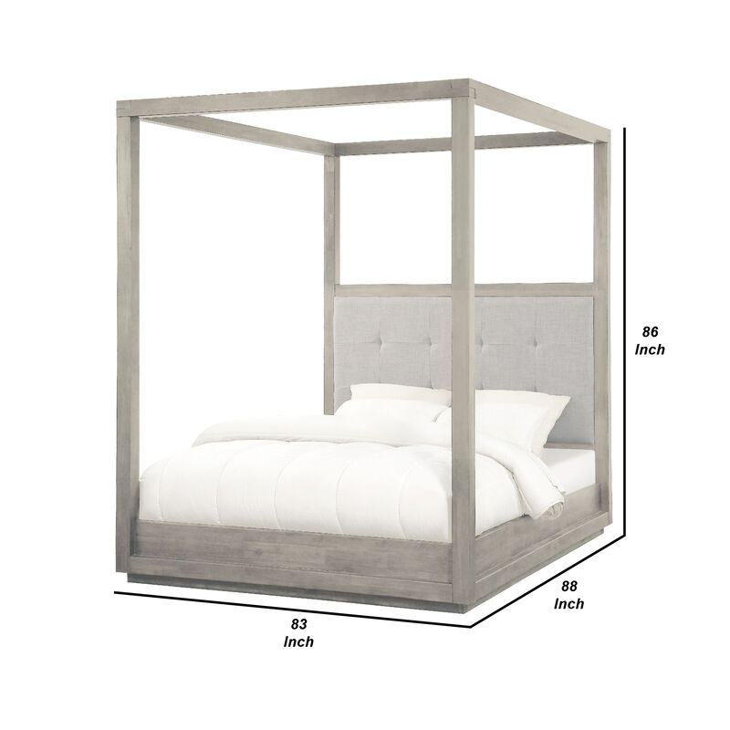 Kim Upholstered Acacia Wood Platform Canopy King Bed, Tufted, Heather Gray - Benzara