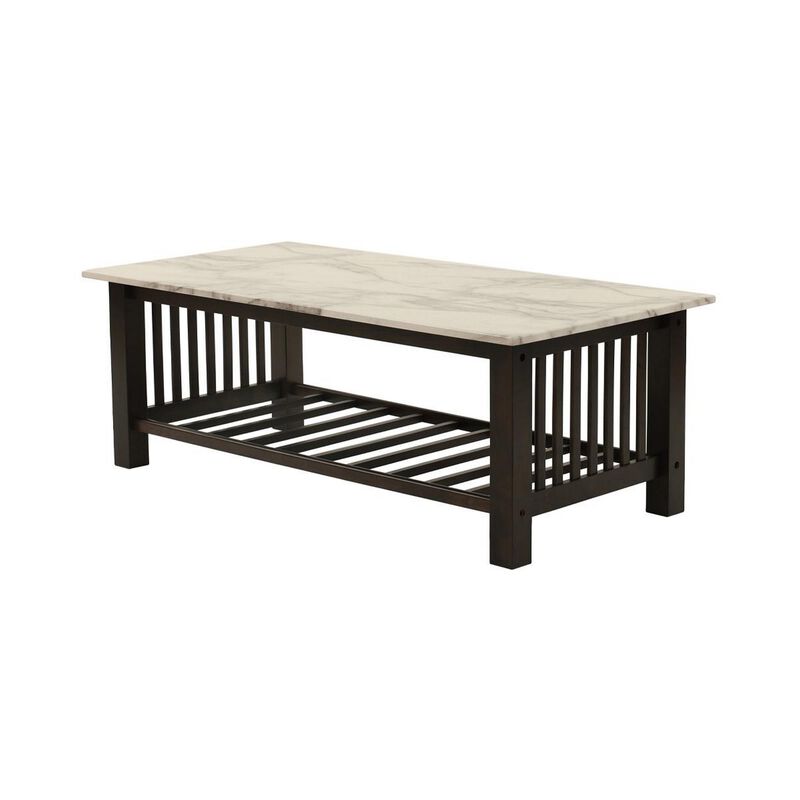 Moen 47 Inch Coffee Table, White Faux Marble Top, Bottom Shelf, Black Wood