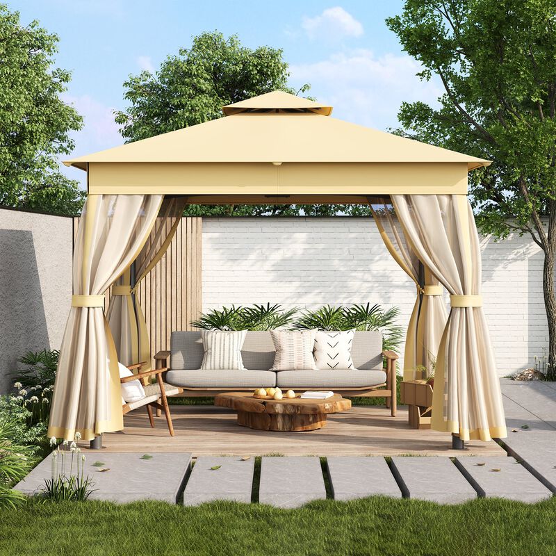 10'x10' Outdoor Gazebo with Double Roof, Mosquito Netting for Backyard & Garden