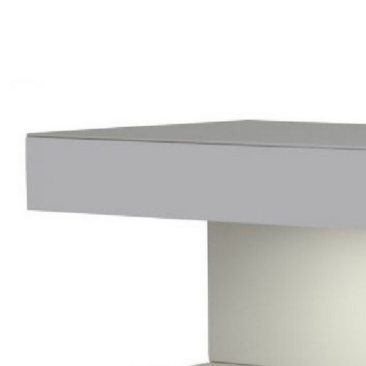 Contemporary Squared C Shaped Wooden Nightstand with LED Light, Gray-Benzara