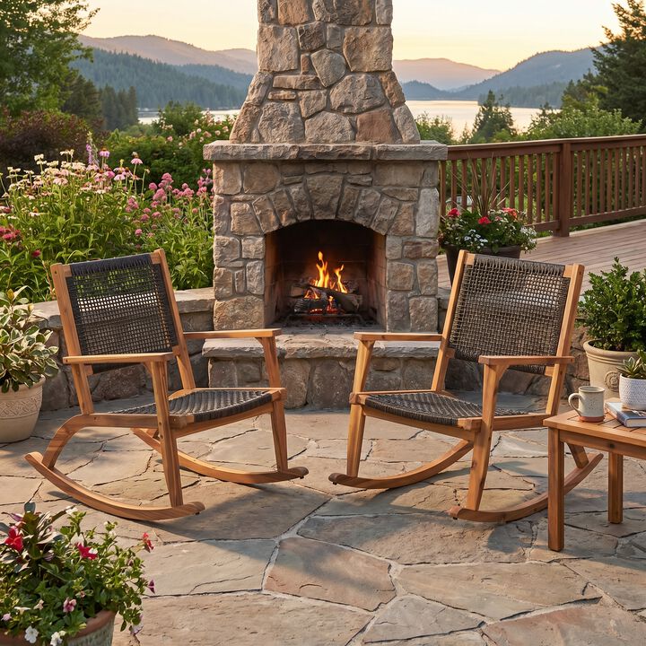 Whisen 2-Piece Acacia Wood Outdoor Rocking Chair Set, PE Wicker Outdoor Rockers for Backyard & Poolside
