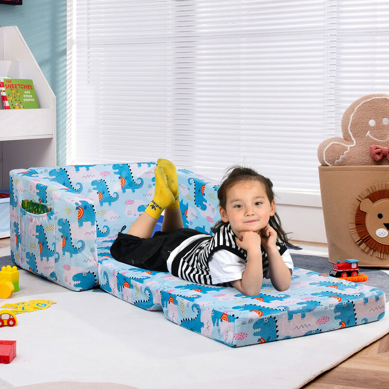 2-in-1 Convertible Kids Sofa with Velvet Fabric - Light Blue Dinosaur