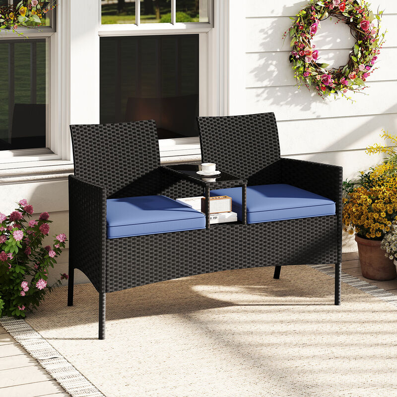 Patio Loveseat with Built-In Table for Backyard Porch, Comfortable Outdoor Seating