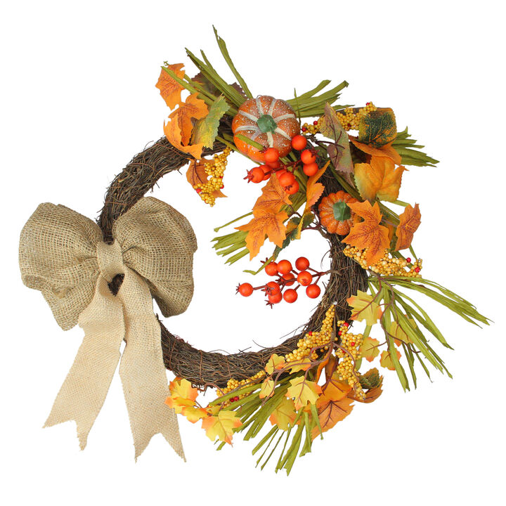 Orange Pumpkins and Berries with Bow Artificial Wreath - 20-Inch  Unlit