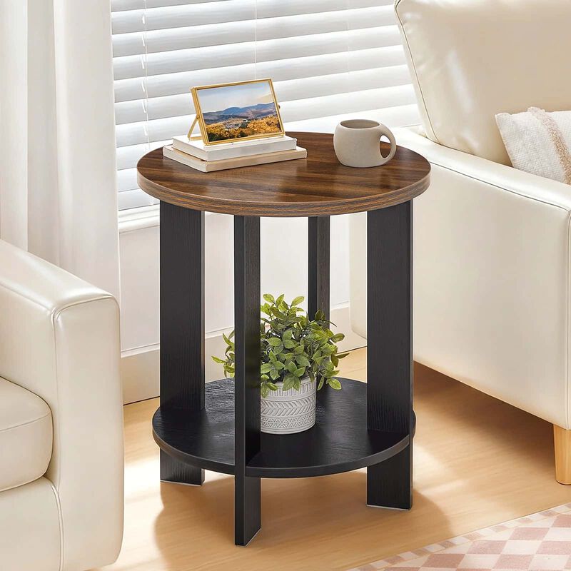 Farmhouse End Table with Two-Tier Storage Shelf and Round Design-Brown image number 1
