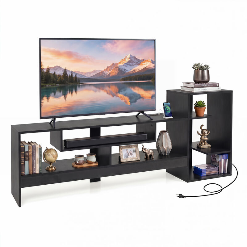 Modern TV Stand with Cube Storage Shelves and Charging Power Outlets image number 3