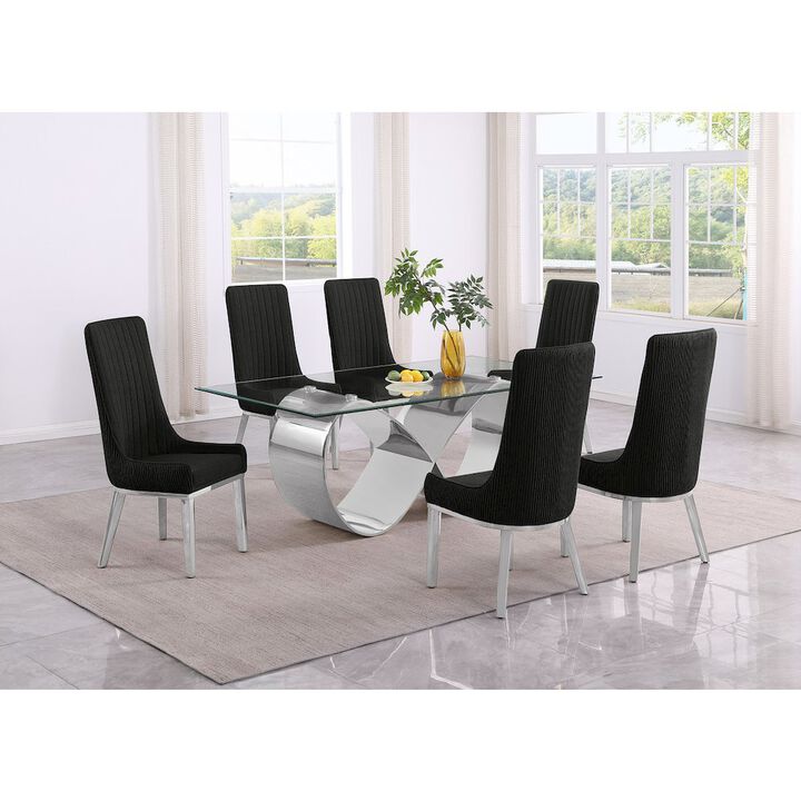 Best Quality Furniture 7Pc Tempered Glass Dining Set With 6 Black Boucle Side Chairs And A Silver Base