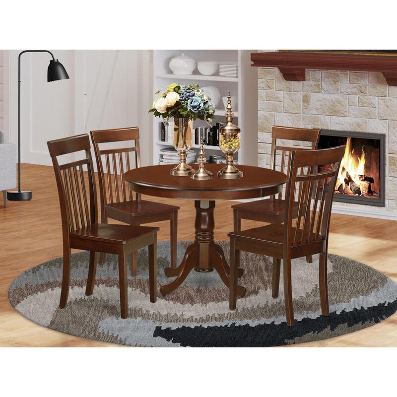 5 Pc set with a Round Small Table and 4 Wood Dinette Chairs in Mahogany