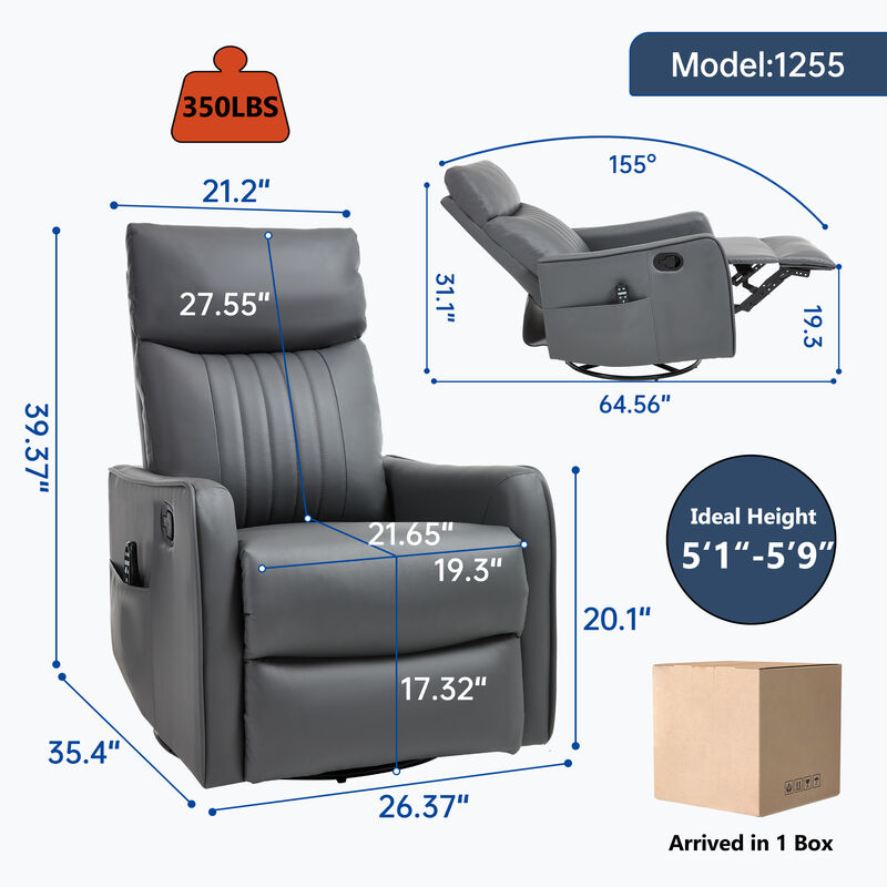 Faux Leather Manual Recliner Chair with Heat and Massage, Living Room Rocker and Swivel Chair image number 2