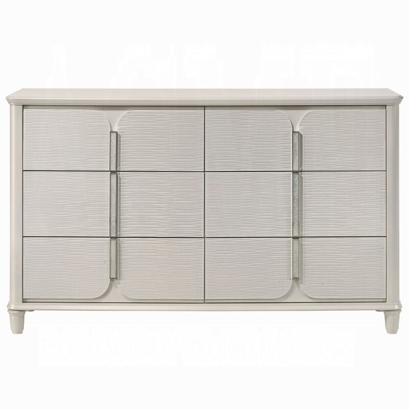 Veda Wide Dresser, Luxurious Pearl White Wood Finish, 6 Modern Drawers - Benzara