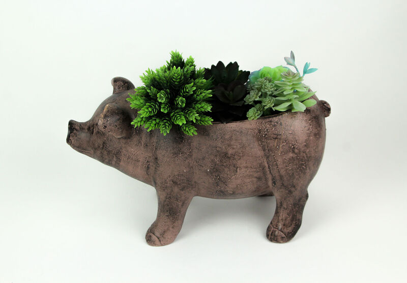 17 Inch Long Rustic Brown Finish Smiling Pig Planter image number 3