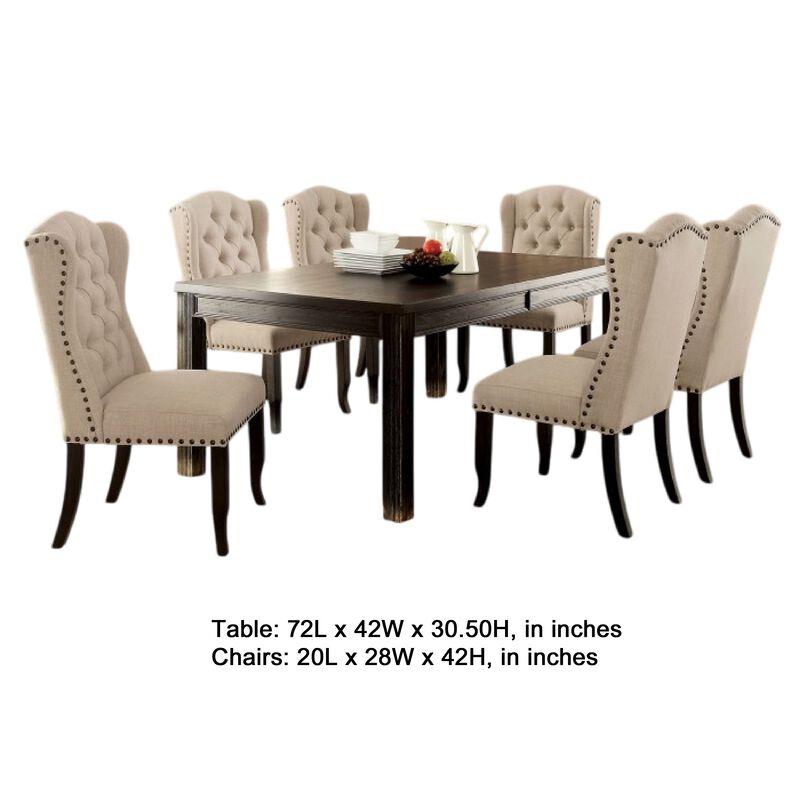 Bega 7pc Dining Table Set, Button Tufted Nailhead Chairs, Black Wood image number 5