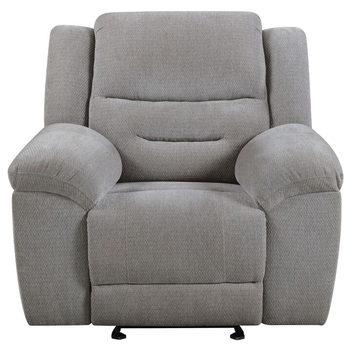 Gilo Manual Glider Recliner Armchair, 46 Inch Light Gray, Pillow Top - Benzara