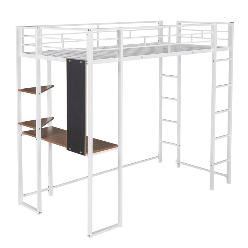 Twin Metal Loft Bed with 2 Shelves and one Desk, WHITE(Old SKU: MF281206AAK)