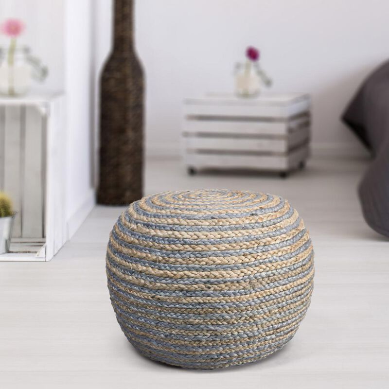 Hivvago 20 Inch Gray Cotton Blend Round Striped Pouf Ottoman