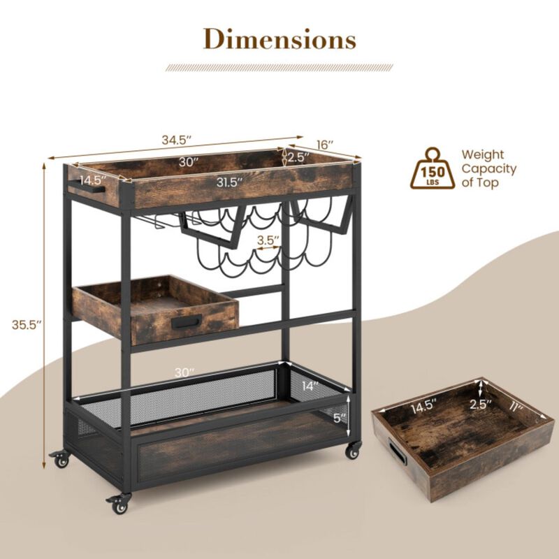 Hivvago 3-Tier Industrial Buffet Serving Cart with Wine Rack
