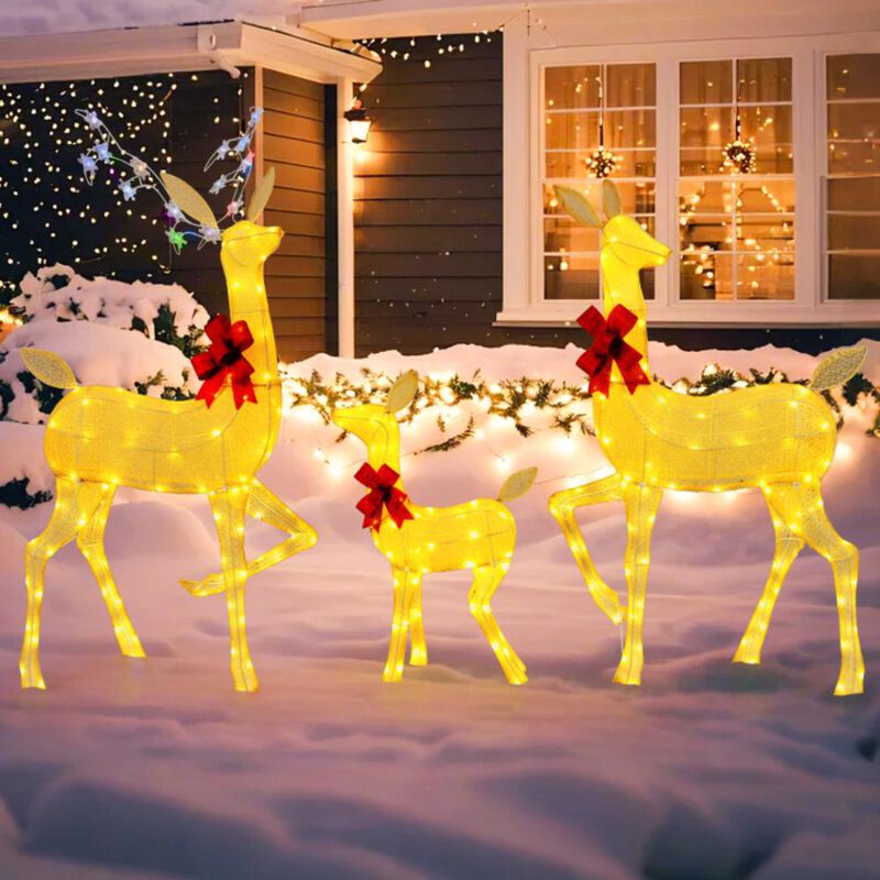 Hivvago 3 Pieces Lighted Family Deer Set with LED Lights and RGB Flashing Lights