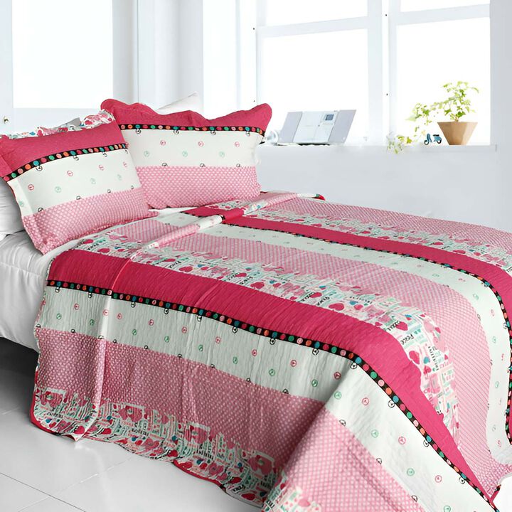 3-Piece Cotton Vermicelli Quilted Striped Printed Quilt Set with Matching Shams