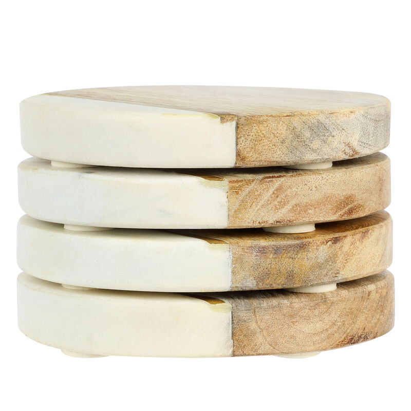 Laurie Gates White Marble and Mango Wood Round 4 Piece Coaster Set image number 2