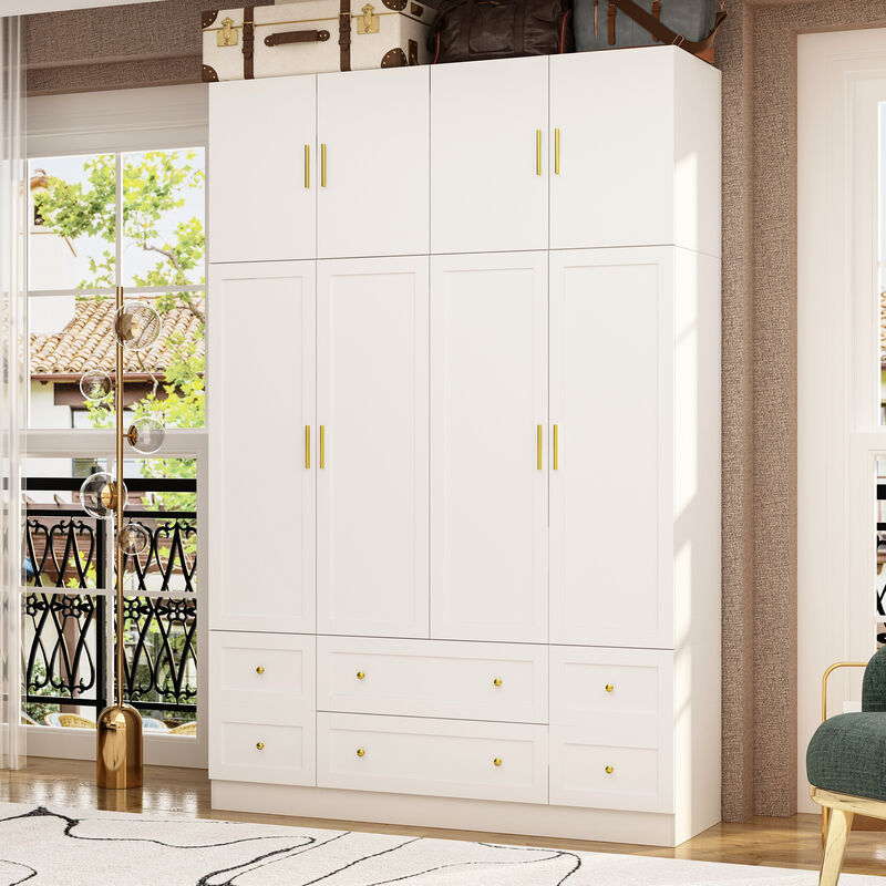 FUFU&GAGA Four-Door Wardrobe with Six Drawers and Top Cabinet (63" W x 19.7" D x 94.5" H),White