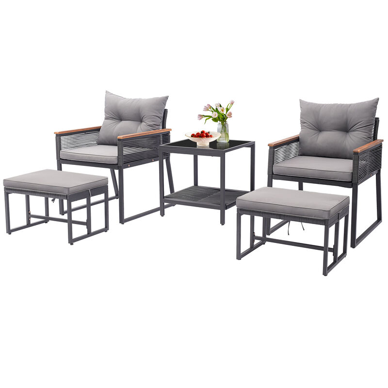 5 Piece Outdoor Rattan Conversation Set with 2-Layer Side Table and 2 Ottomans-Grey